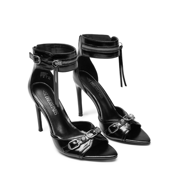 Pointed Toe Moto-Inspired Stiletto Heel Sandals - BLACK - 4