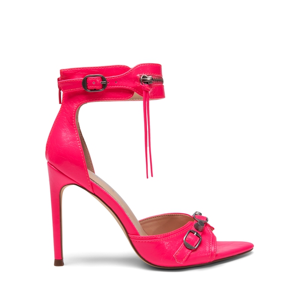 Pointed Toe Moto-Inspired Stiletto Heel Sandals - NEON PINK - 1