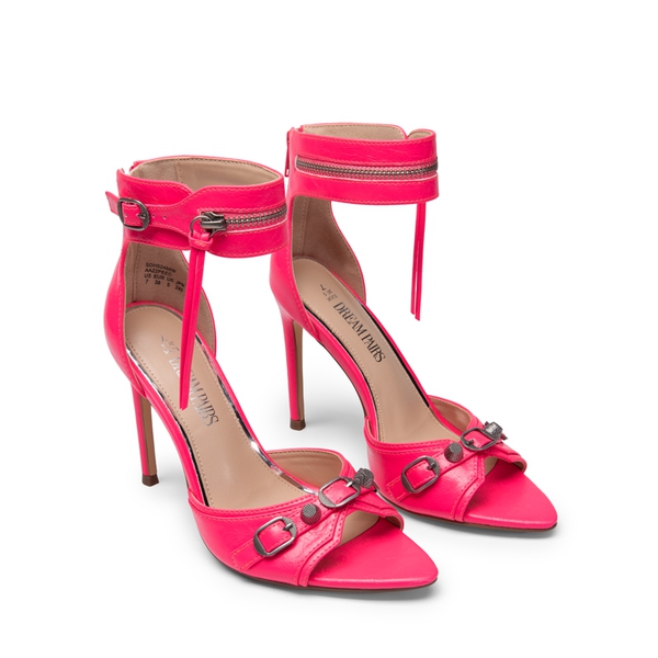 Pointed Toe Moto-Inspired Stiletto Heel Sandals - NEON PINK - 2