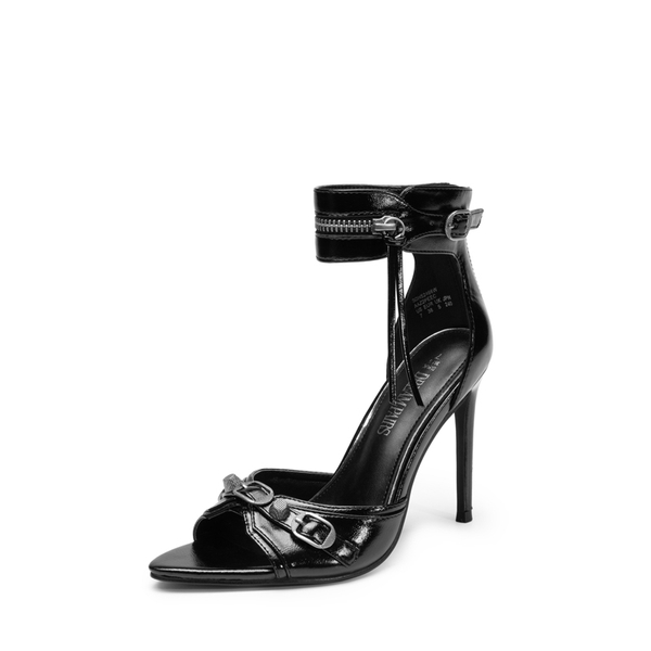 Pointed Toe Moto-Inspired Stiletto Heel Sandals - BLACK -  0