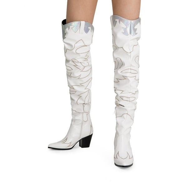 Western Embroidery Thigh High Boots - WHITE - 1