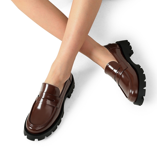 Supportive Chunky Penny Loafers - BROWN-PAT - 2