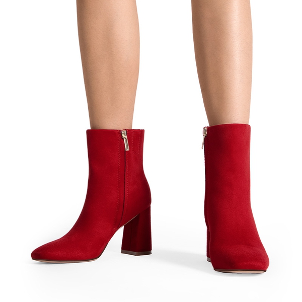 Suqare-Toe Block Heel Ankle Boots - RED-SUEDE - 1