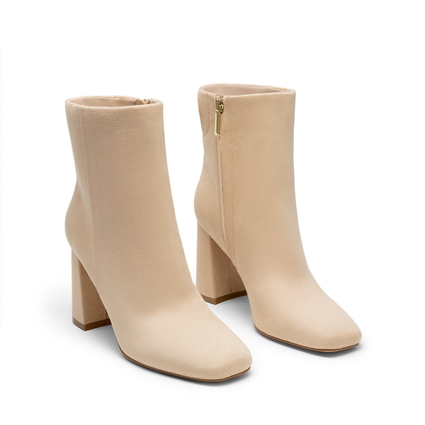 Suqare-Toe Block Heel Ankle Boots - NUDE-SUEDE - 4