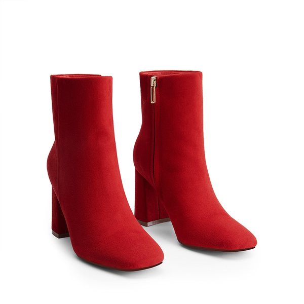 Suqare-Toe Block Heel Ankle Boots - RED-SUEDE - 4