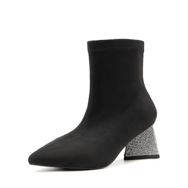 Block Heel Suede Ankle Boots - BLACK -  0
