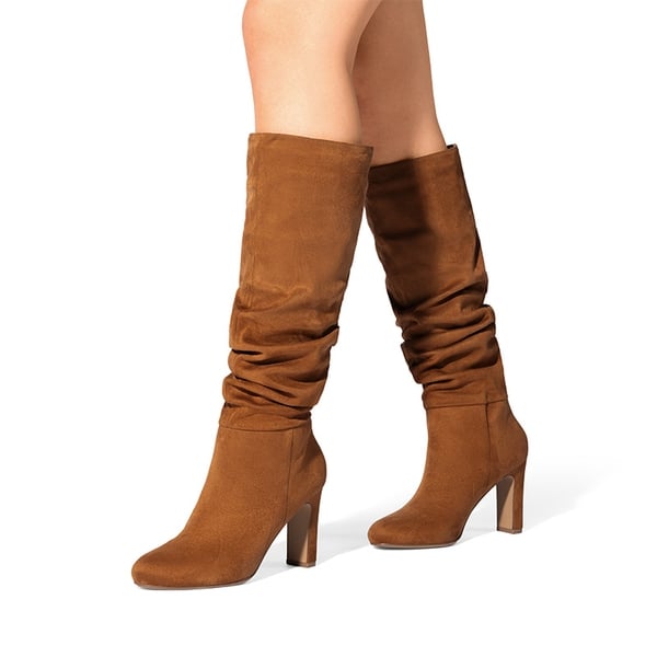 Chunky Suede Knee High Boots - TAN-SUEDE - 2