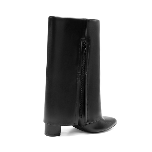 Fold-Over Denim Mid-Calf Boots - BLACK - 4