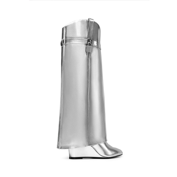 Women’s Fold-Over Knee-high Boots - METALLIC SILVER - 4
