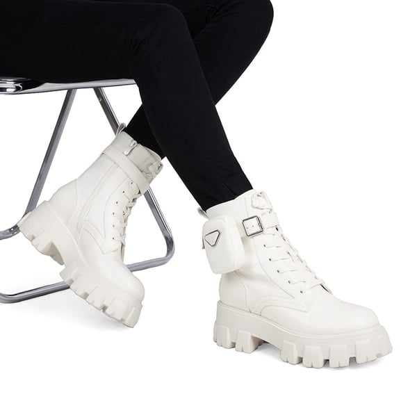 Chunky Lace-up Ankle Boots  - WHITE - 2