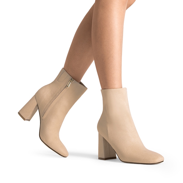 Suqare-Toe Block Heel Ankle Boots - NUDE-SUEDE - 2