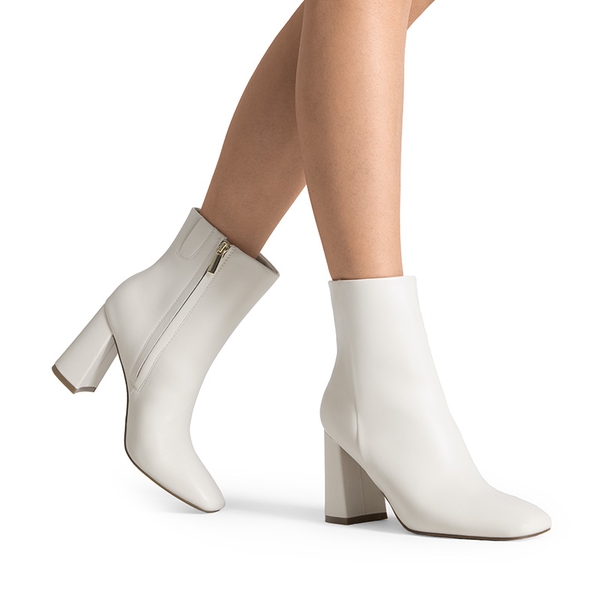 Suqare-Toe Block Heel Ankle Boots - WHITE-PU - 2