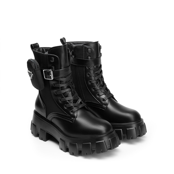 Chunky Lace-up Ankle Boots  - BLACK - 4