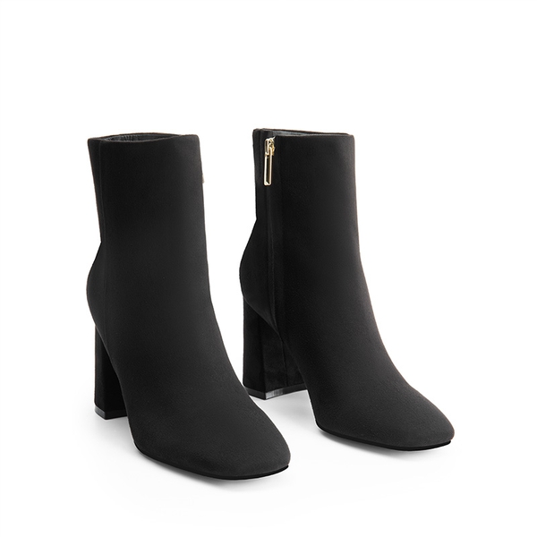 Suqare-Toe Block Heel Ankle Boots - BLACK-SUEDE - 4