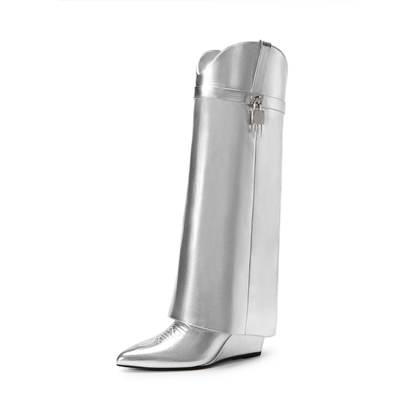 Women’s Fold-Over Knee-high Boots - METALLIC SILVER -  0