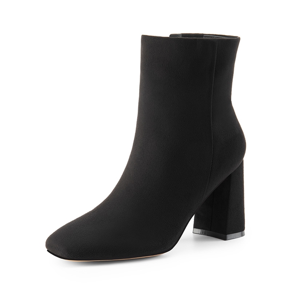 Suqare-Toe Block Heel Ankle Boots - BLACK-SUEDE -  0