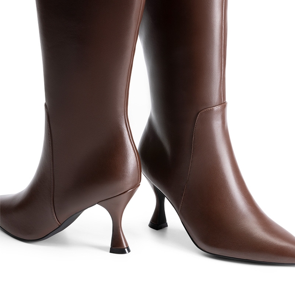 Pointed Toe Stiletto Knee-high Boots - BROWN-PU - 6