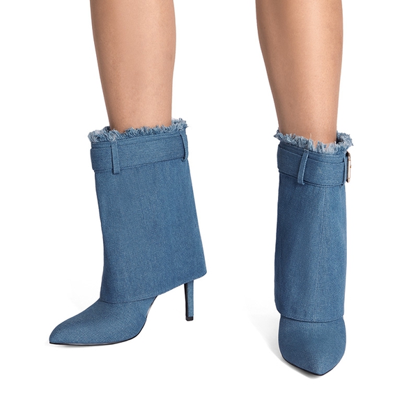 Women’s Foldover Pointed Toe Stiletto Boots - DENIM BLUE - 1