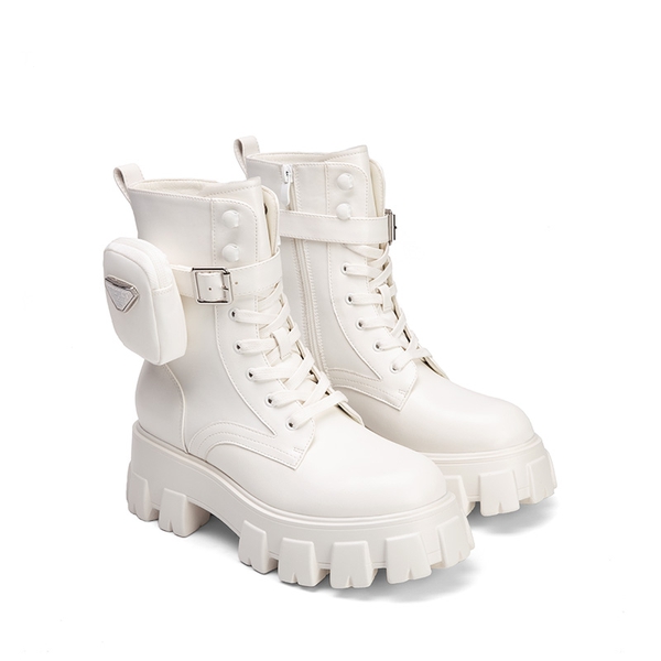 Chunky Lace-up Ankle Boots  - WHITE - 4