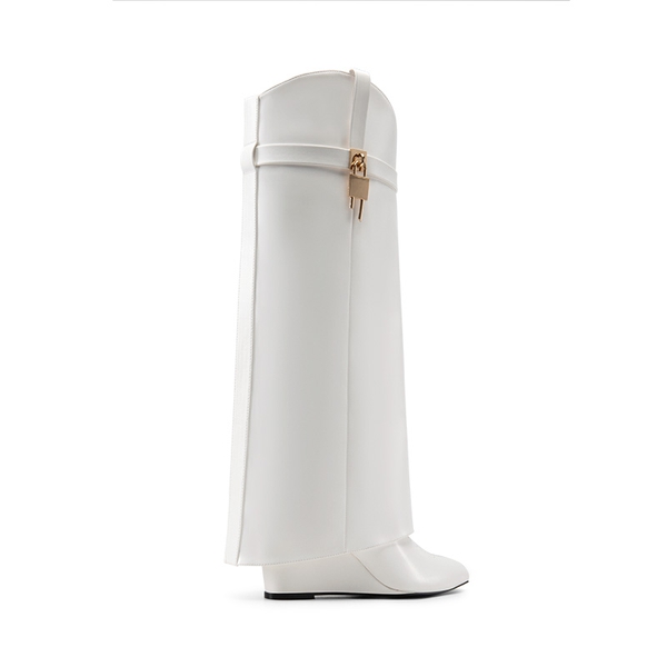 Women’s Fold-Over Knee-high Boots - WHITE-PU - 4