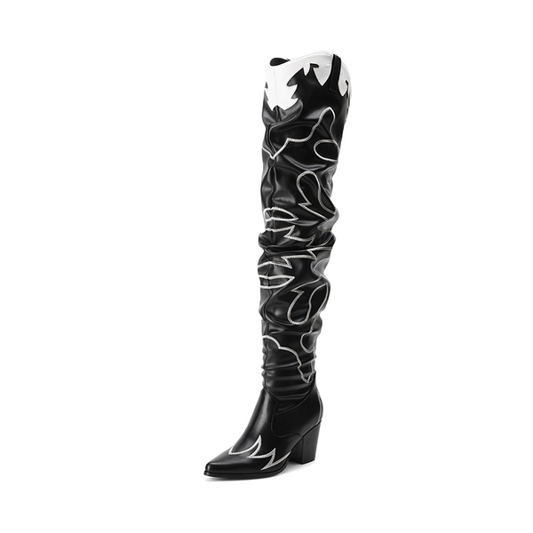 Western Embroidery Thigh High Boots - BLACK -  0