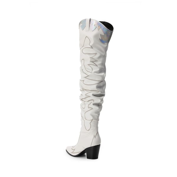 Western Embroidery Thigh High Boots - WHITE - 4