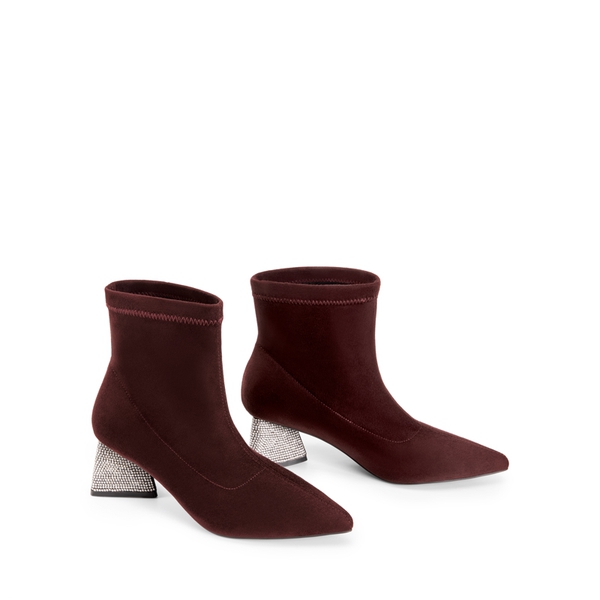 Block Heel Suede Ankle Boots - BURGUNDY - 5
