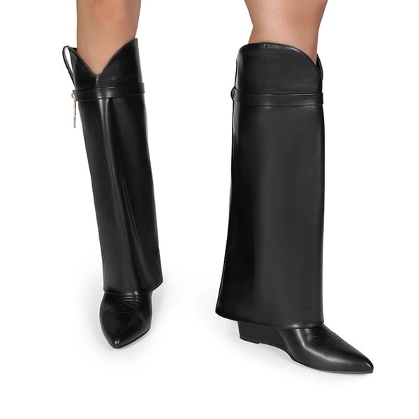 Women’s Fold-Over Knee-high Boots - BLACK-PU - 2