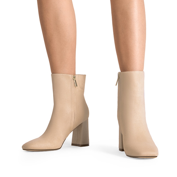 Suqare-Toe Block Heel Ankle Boots - NUDE-SUEDE - 1