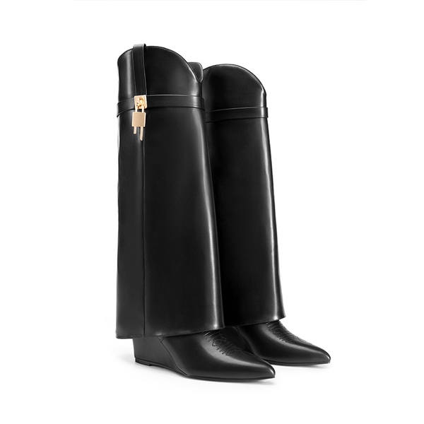 Women’s Fold-Over Knee-high Boots - BLACK-PU - 5