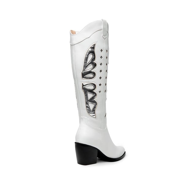 Butterfly Western Knee-high Boots - WHITE/SILVER - 4