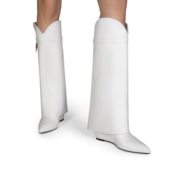 Women’s Fold-Over Knee-high Boots - WHITE-PU - 2