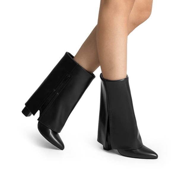 Fold-Over Denim Mid-Calf Boots - BLACK - 2