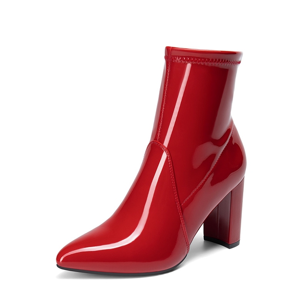 Pointed Toe Chunky Heel Ankle Boots - RED -  0