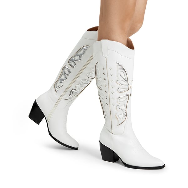 Butterfly Western Knee-high Boots - WHITE/SILVER - 2