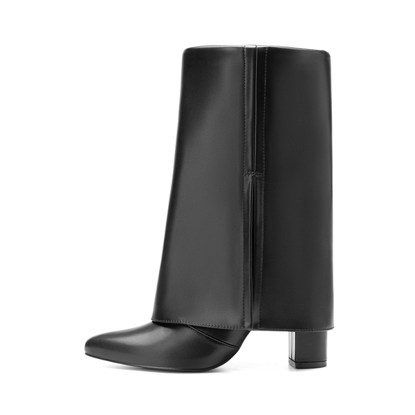 Fold-Over Denim Mid-Calf Boots - BLACK - 3