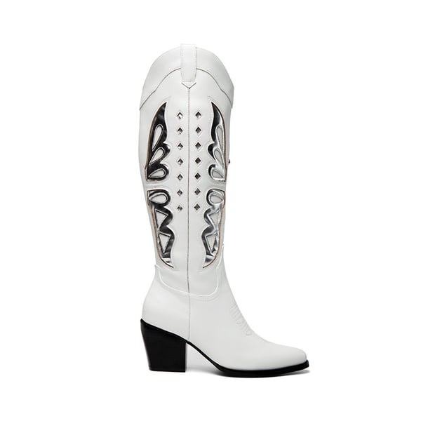 Butterfly Western Knee-high Boots - WHITE/SILVER - 3