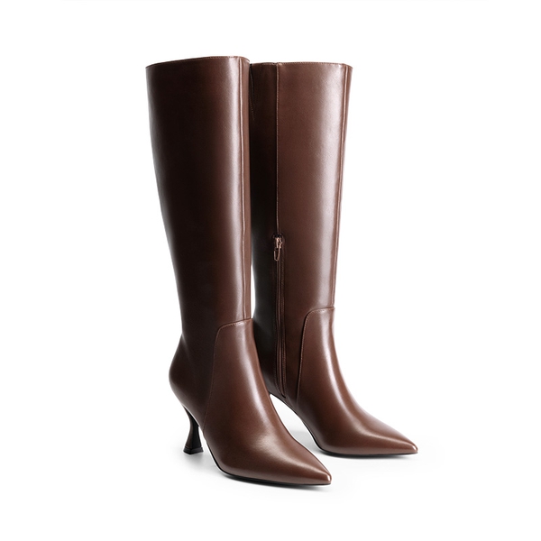 Pointed Toe Stiletto Knee-high Boots - BROWN-PU - 5