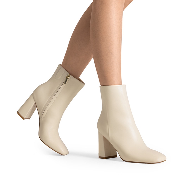Suqare-Toe Block Heel Ankle Boots - IVORY WHITE-PU - 2