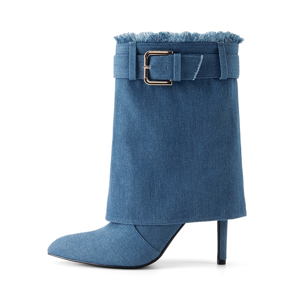 Women’s Foldover Pointed Toe Stiletto Boots - DENIM BLUE - 7
