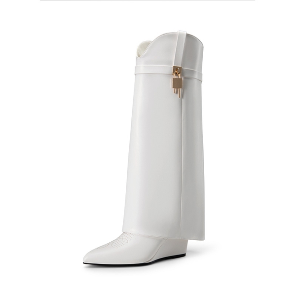 Women’s Fold-Over Knee-high Boots - WHITE-PU -  0