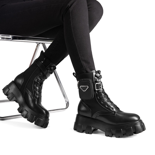 Chunky Lace-up Ankle Boots  - BLACK - 2