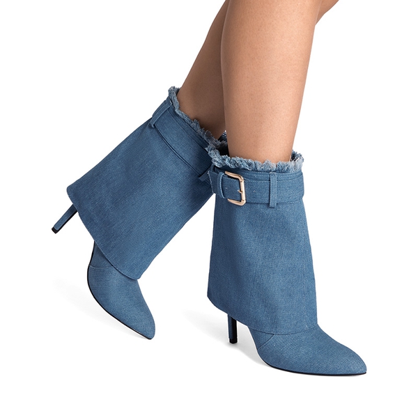 Women’s Foldover Pointed Toe Stiletto Boots - DENIM BLUE - 2
