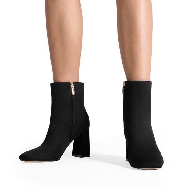 Suqare-Toe Block Heel Ankle Boots - BLACK-SUEDE - 1