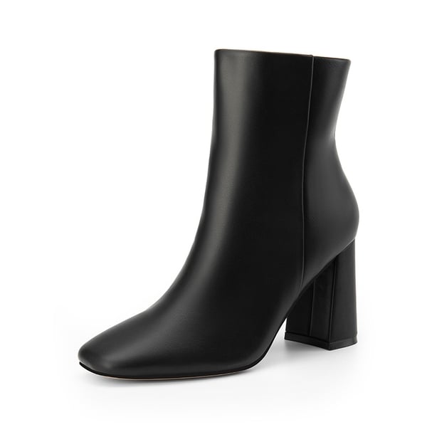 Suqare-Toe Block Heel Ankle Boots - BLACK-PU -  0