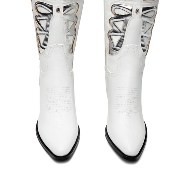 Butterfly Western Knee-high Boots - WHITE/SILVER - 6