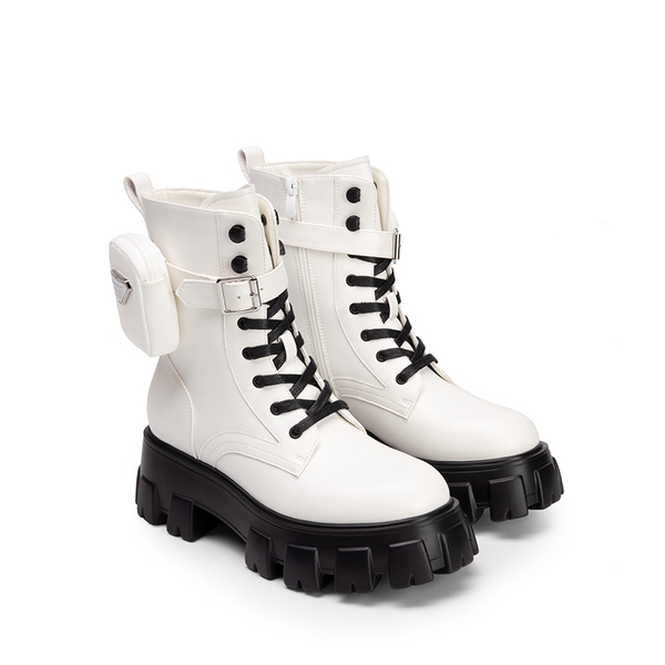 Chunky Lace-up Ankle Boots  - WHITE BLACK - 4