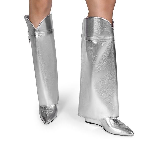 Women’s Fold-Over Knee-high Boots - METALLIC SILVER - 2