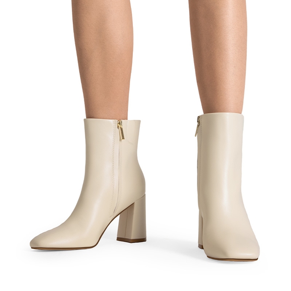 Suqare-Toe Block Heel Ankle Boots - IVORY WHITE-PU - 1