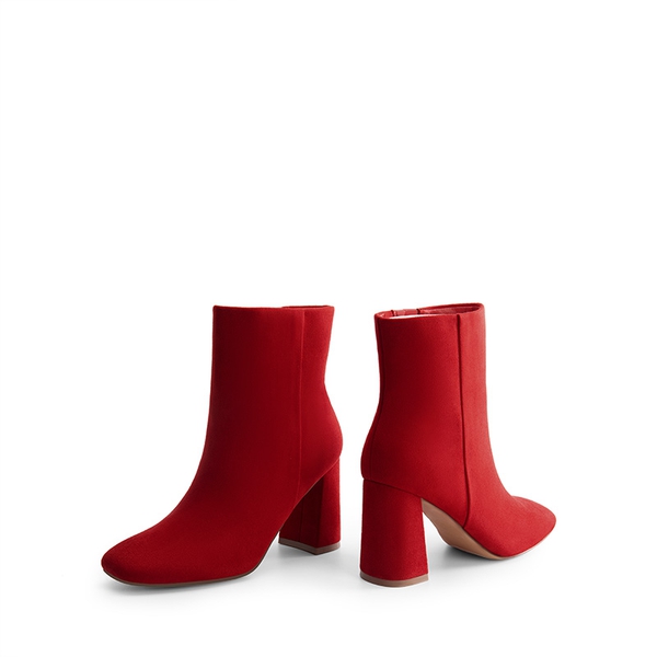 Suqare-Toe Block Heel Ankle Boots - RED-SUEDE - 5
